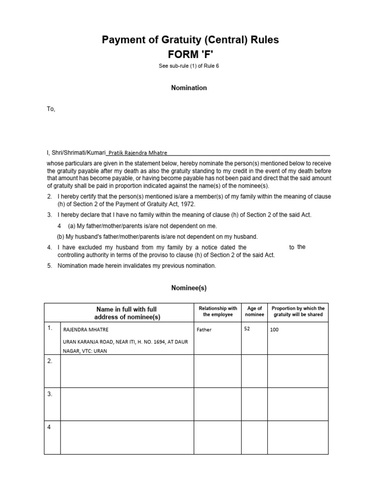 Gratuity Form-F (1) (1) | PDF