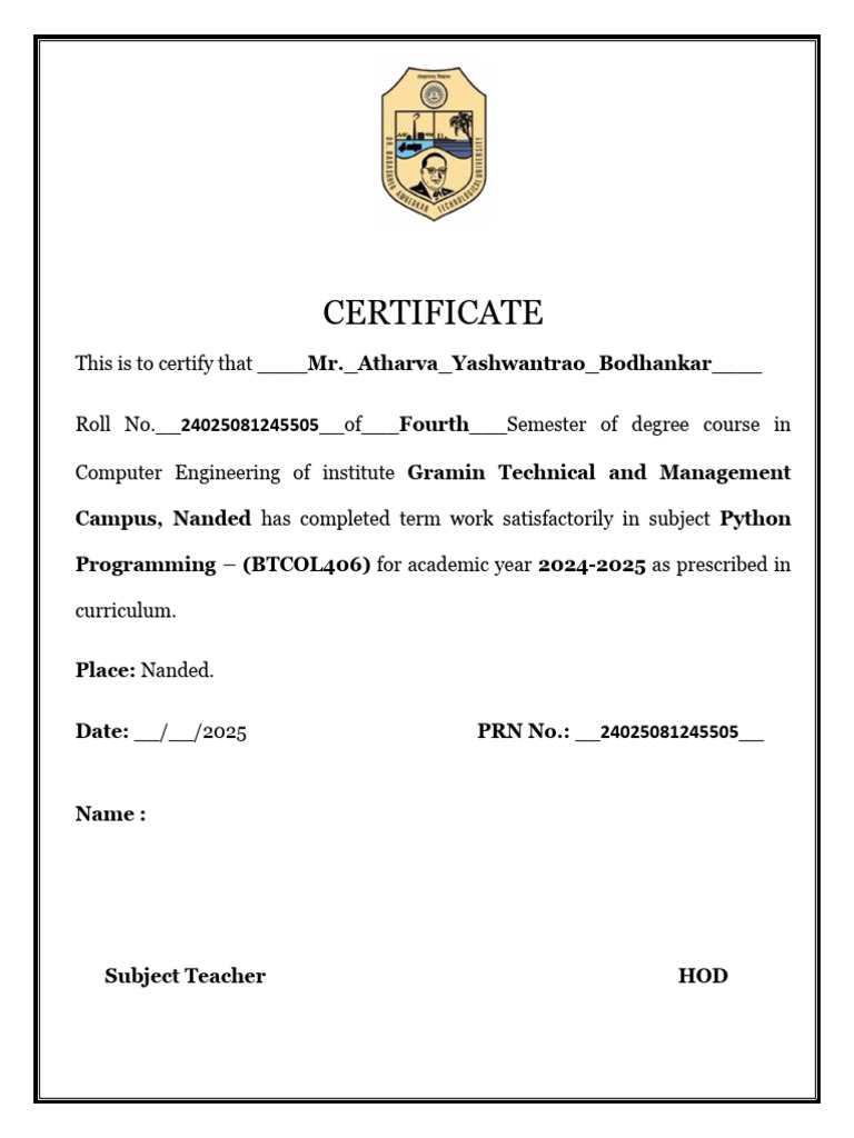 Index Certificate of Python | PDF