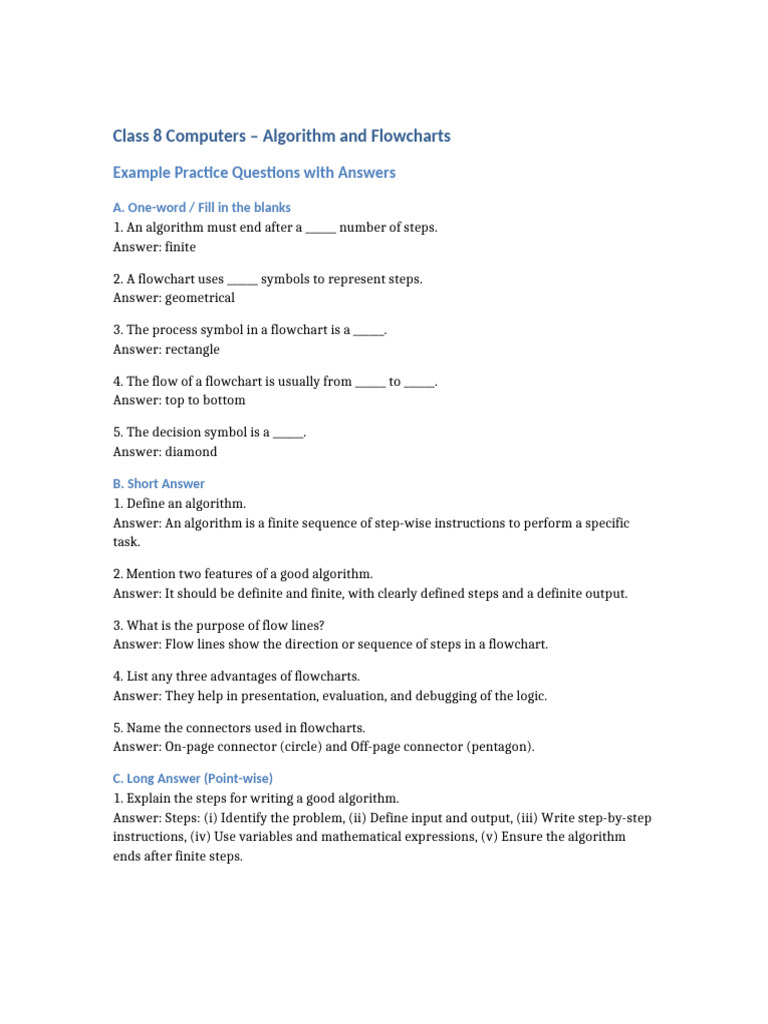 Class 8 Computers Algorithm and Flowcharts Practice Questions With ...