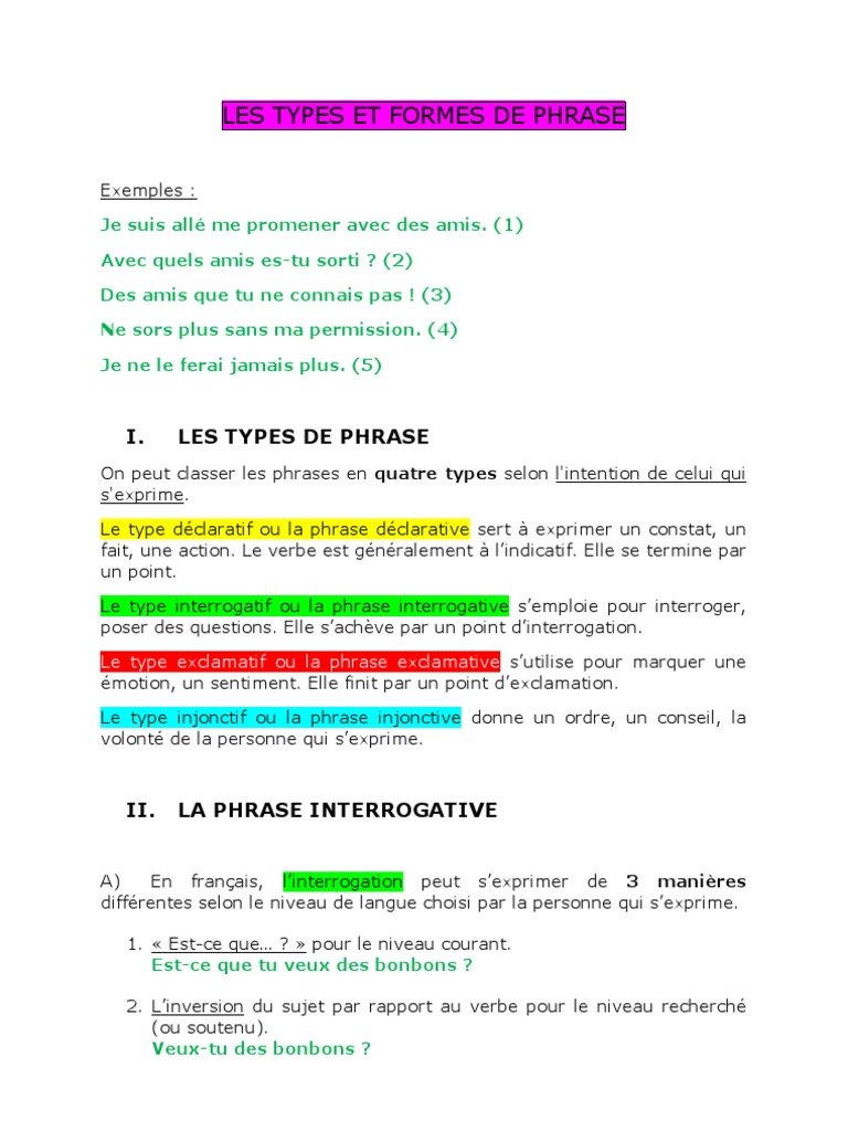 évaluation Types Et Formes De Phrases 6ème Pdf