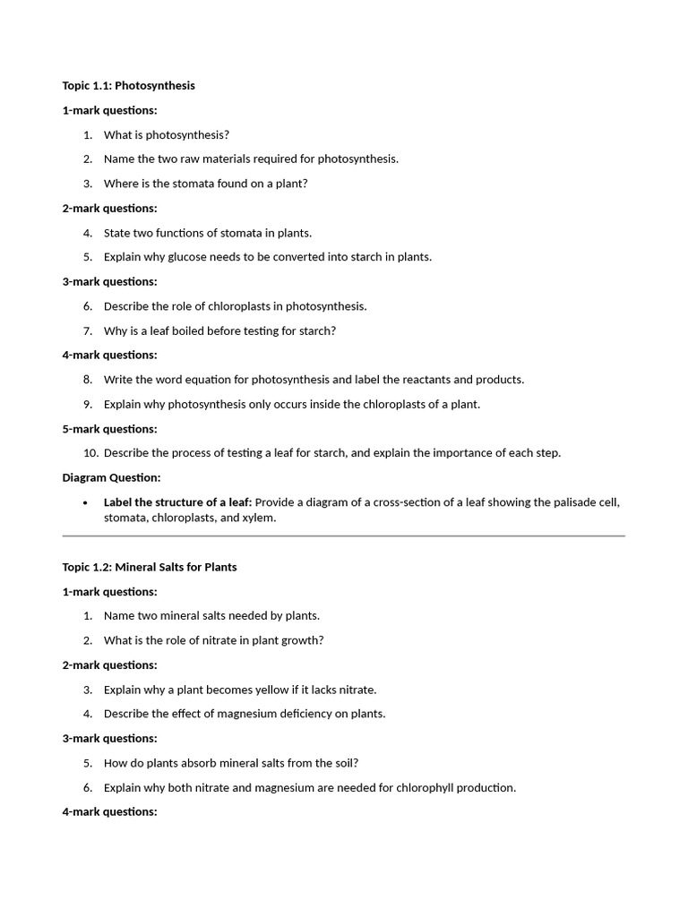 Chapter 1 Question Bank + Answer Key | PDF | Flowers | Plants
