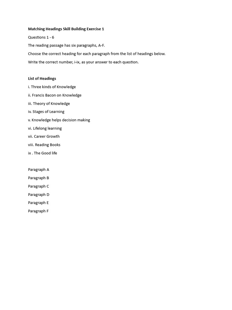 Matching Headings - Skill Building Exercise | PDF | Cholesterol | Fat