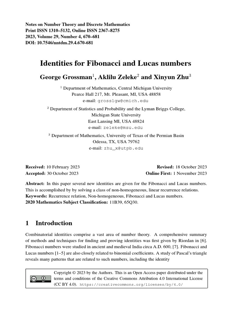 Identities for the Fibonacci and Lucas Numbers | PDF | Recurrence ...