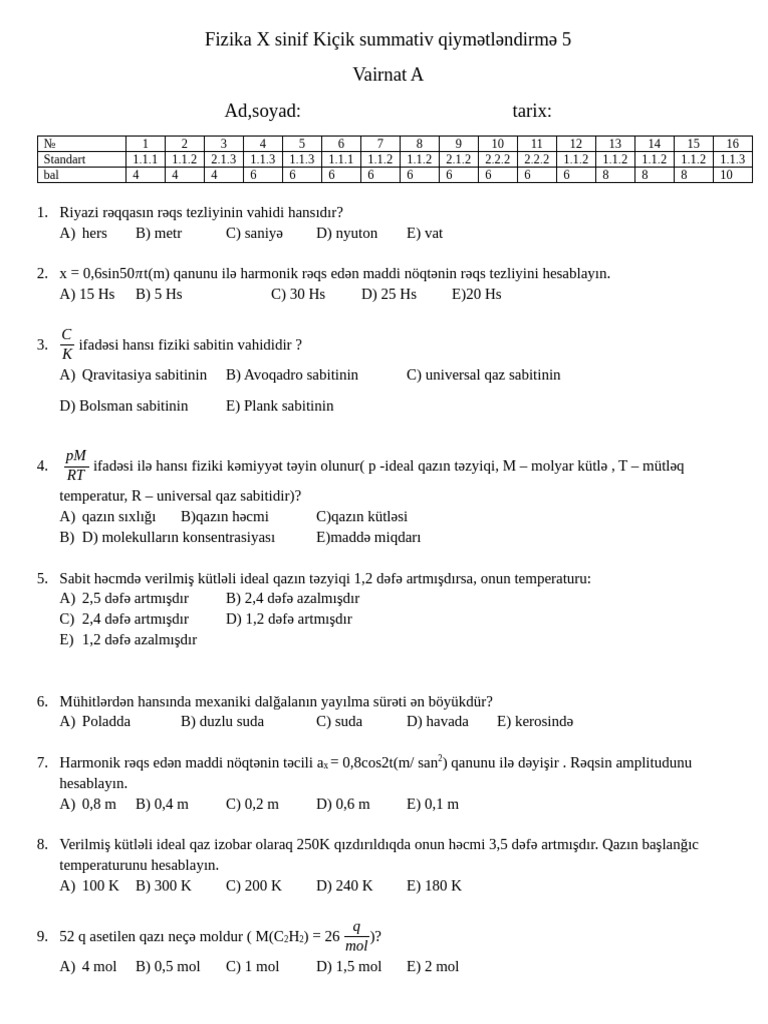 Ksq_5 Fizika X Sinif Varinat A | PDF