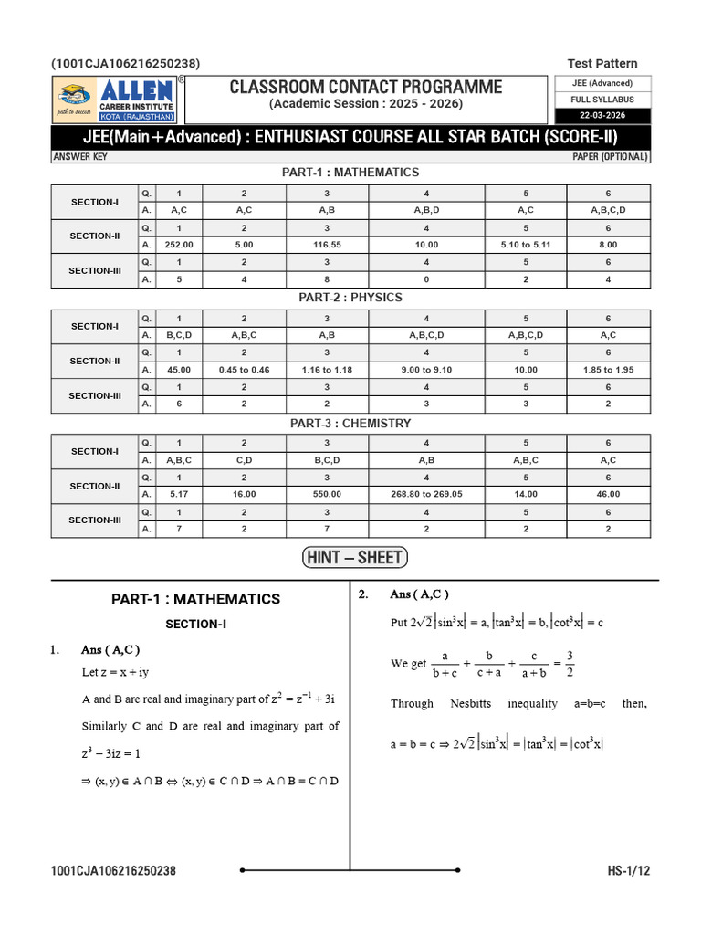 2203 Enthusiast All Star Batch Score-II Answerkey Solution | PDF ...