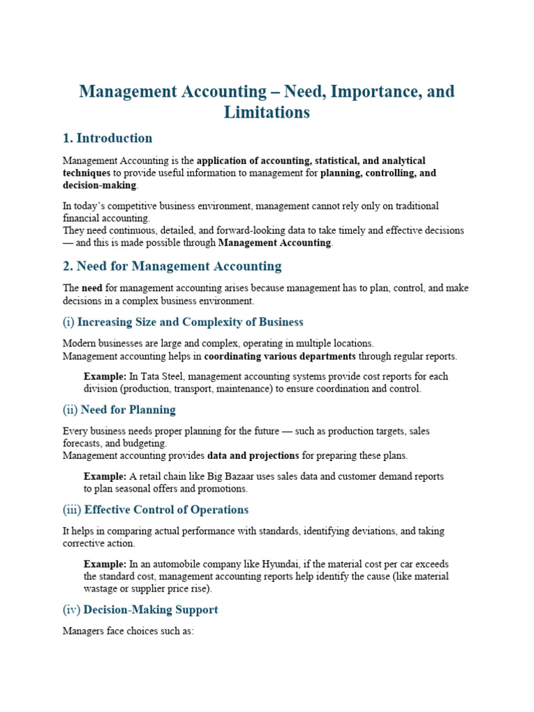 Management Accounting Need Importance And Limitations PDF 