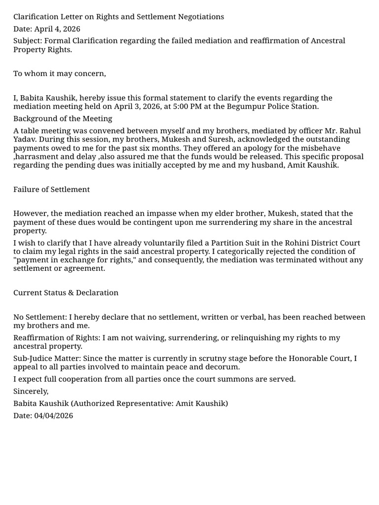 Clarification Letter on Rights and Settlement Negotiations | PDF