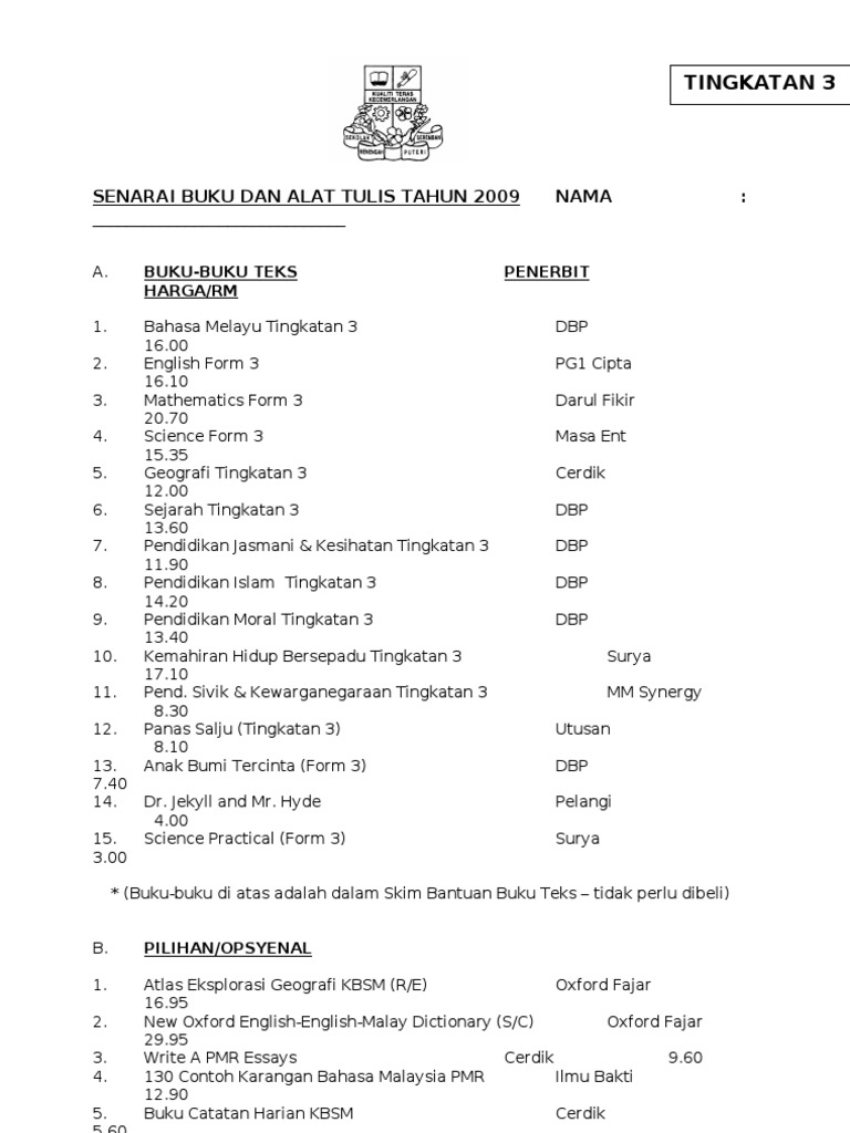 Senarai Buku Dan Alat Tulis Tahun 2009 Nama