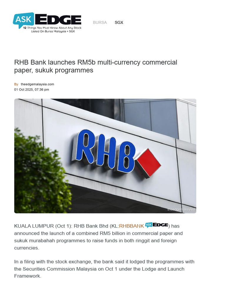 Article 4 RHB Bank Launches RM5b Multi-currency Commercial Paper, Sukuk ...