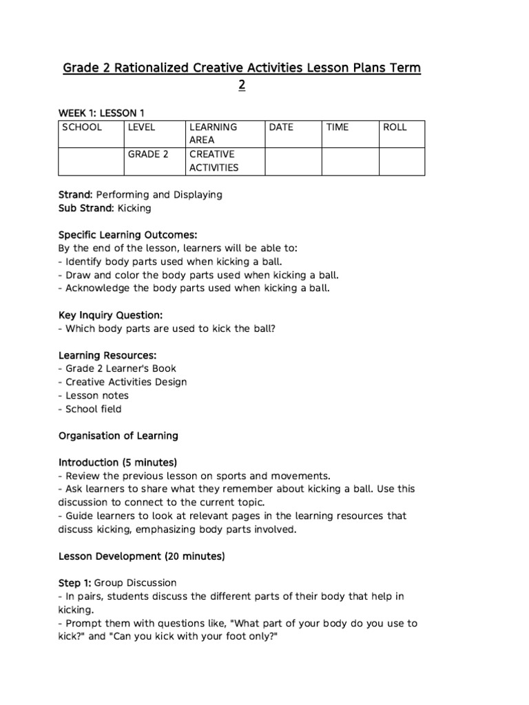 Grade 2 Rationalized Creative Activities Lesson Plan Term 2 | PDF ...