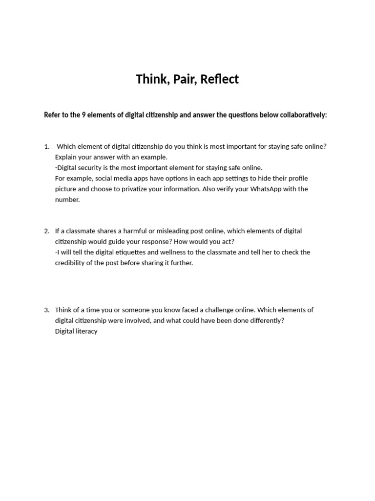Think, Pair, Reflect - Worksheet | PDF