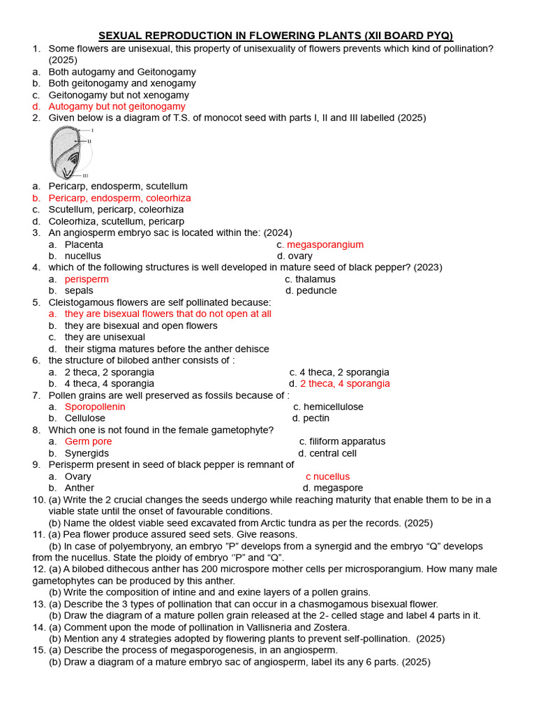 Sexual Reproduction in Flowering Plants PYQ | PDF | Flowers | Seed