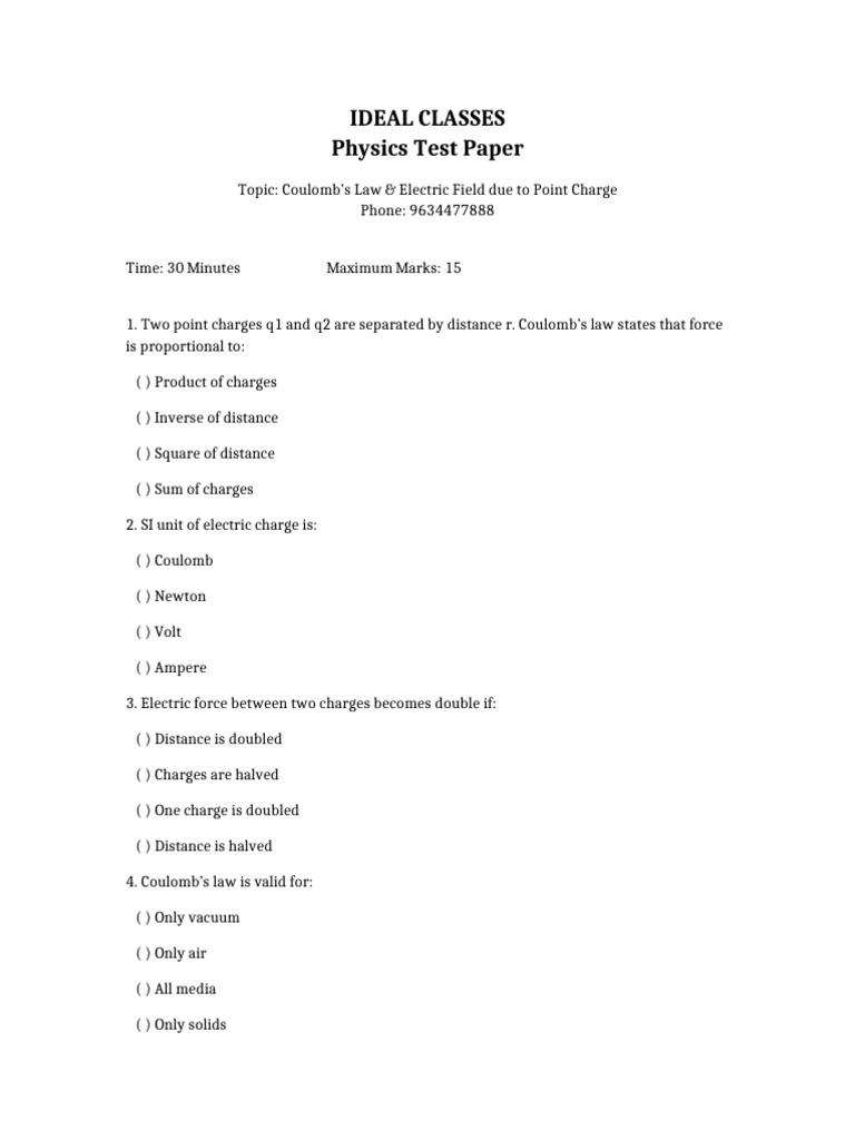 Physics Test Paper Ideal Classes | PDF