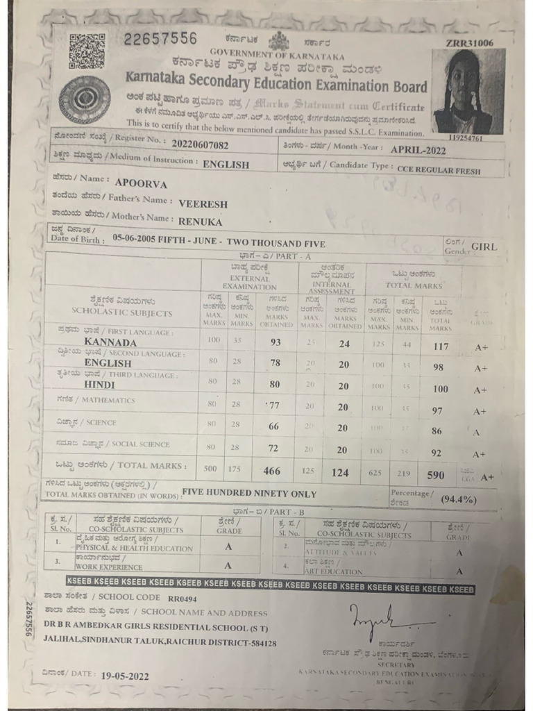 10th Marks Card | PDF