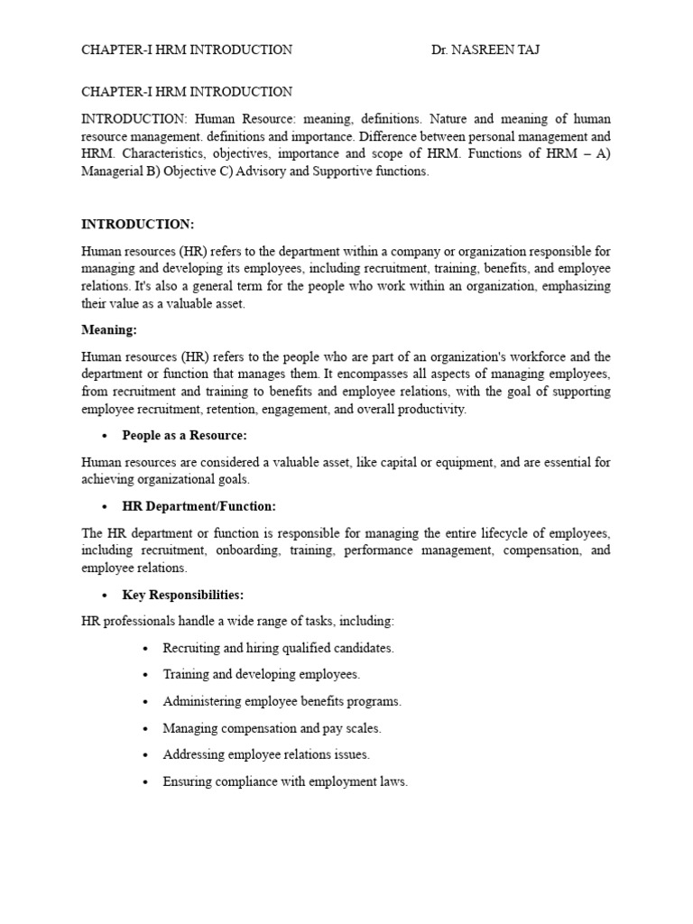 CHAPTER-1 HRM INTRODUCTION | PDF | Human Resource Management | Employment