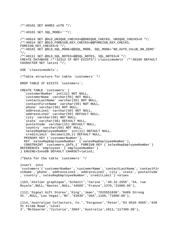 Script for Classic Models | PDF | Databases | Software Design