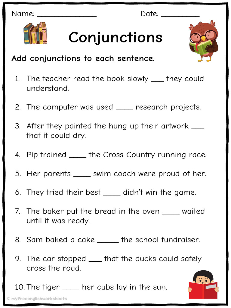 Conjunctions Worksheet 2 Add Conjunctions | PDF