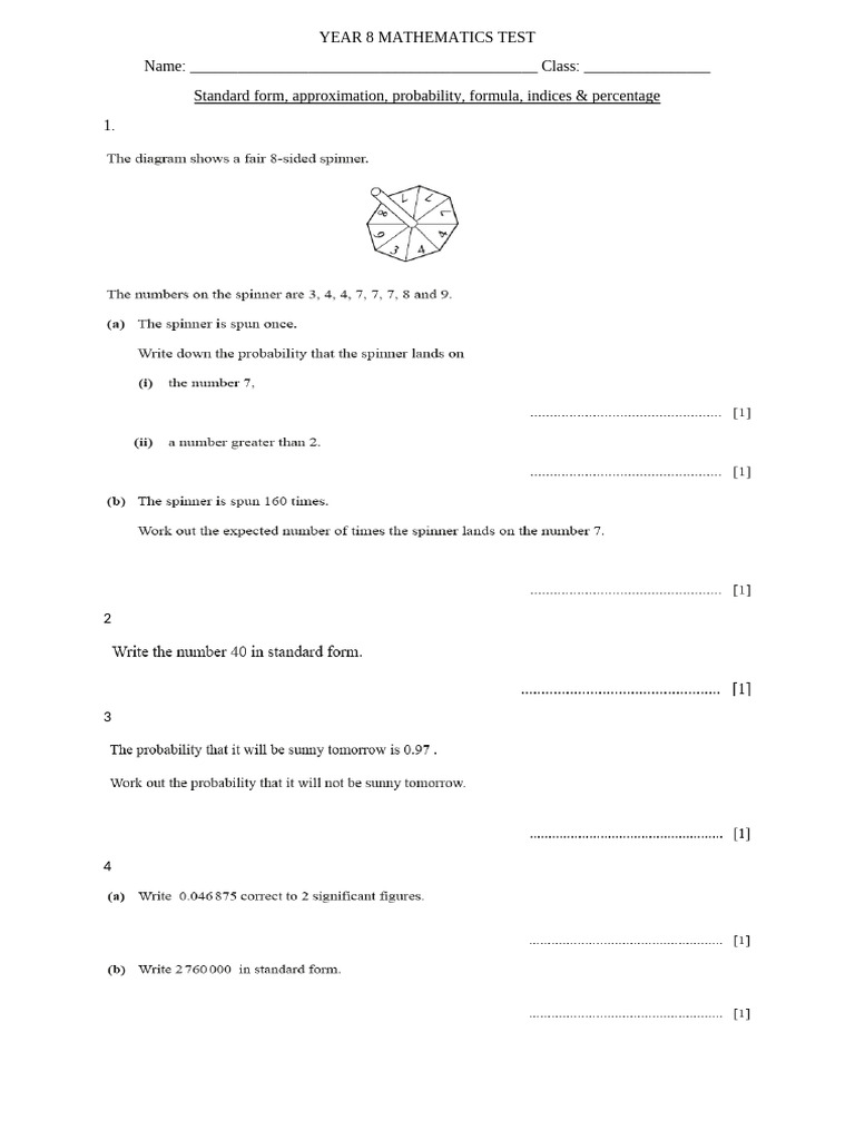 YEAR 8 MATHEMATICS TEST Sep 2021 Std Probability, Approximation ...