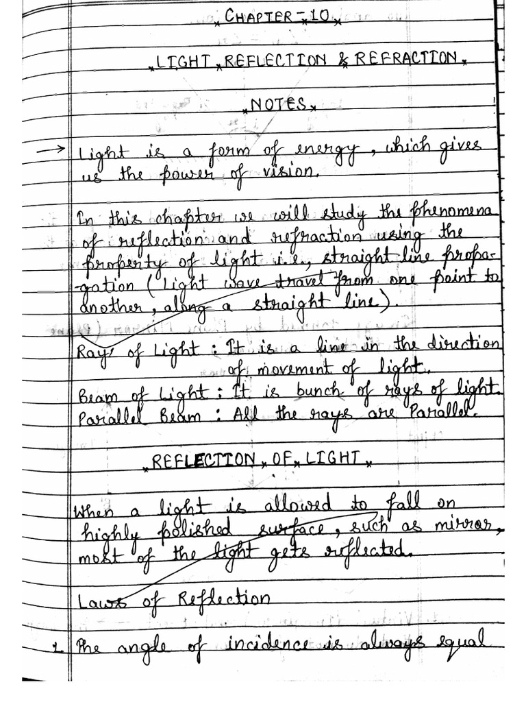 Light-Reflection and Refraction Class 10th Notes PDF. | PDF