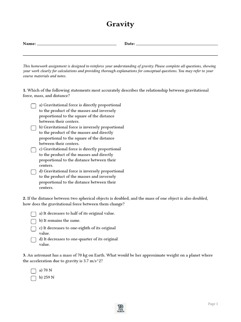 Gravity Worksheet PDF | PDF | Force | Mass