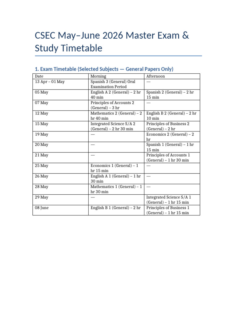 CSEC 2026 Master Timetable and Tips | PDF