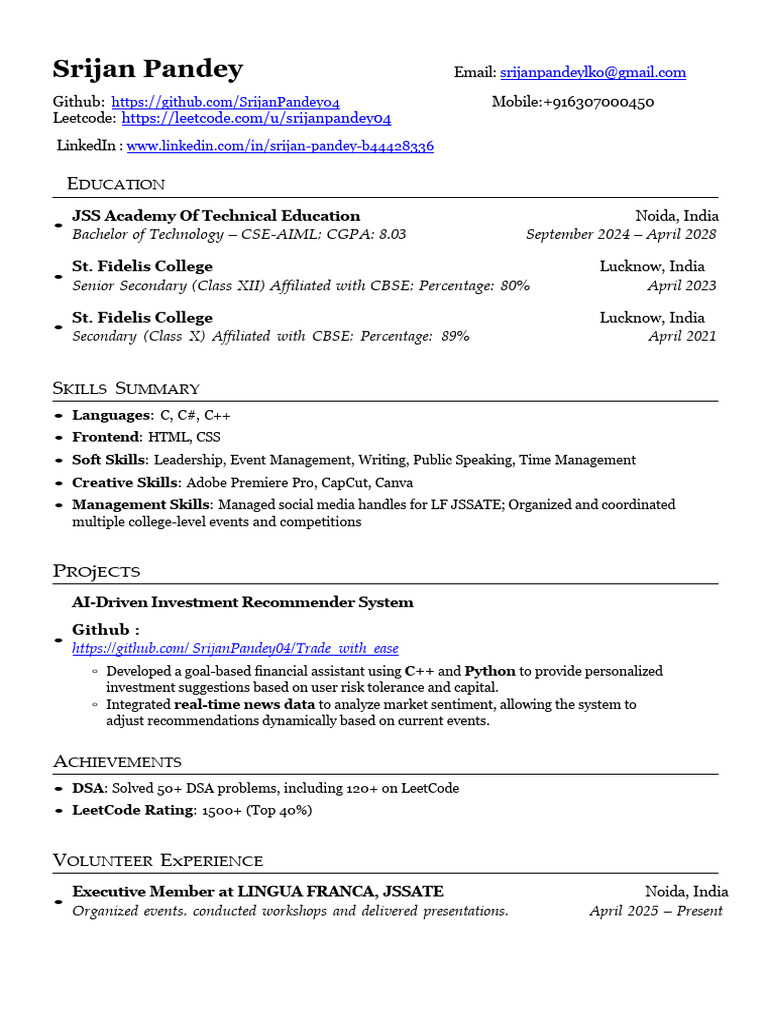 Srijan Pandey Resume | PDF