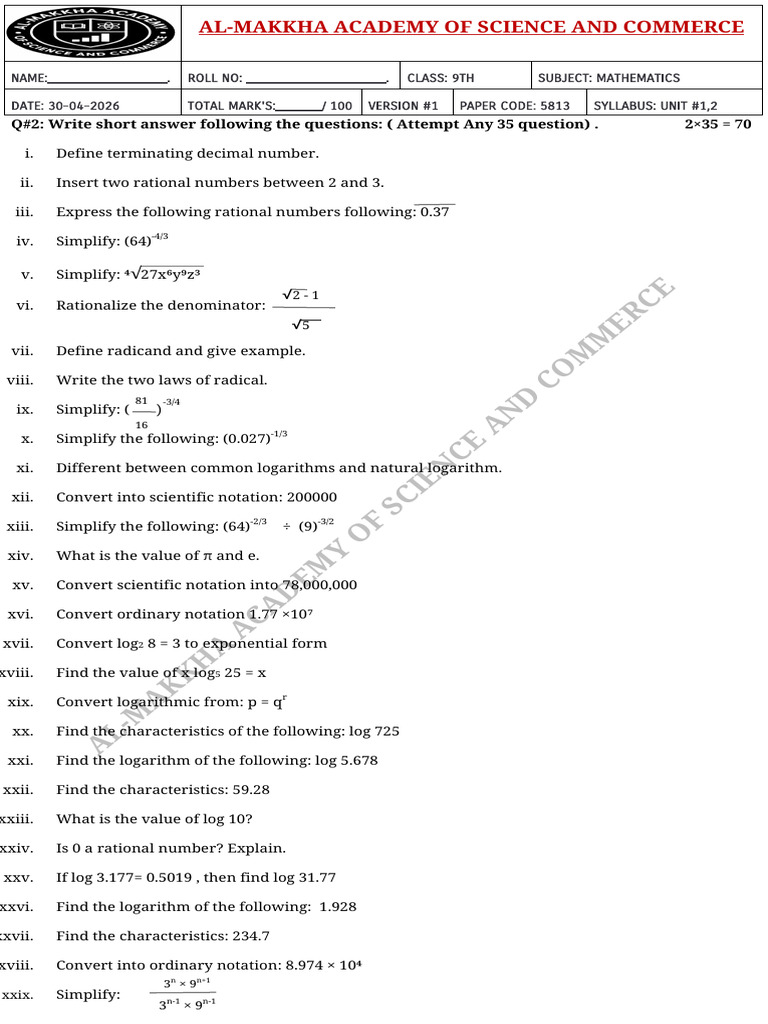 9th Class Math Unit 1,2 Test Paper Subjective | PDF | Arithmetic ...