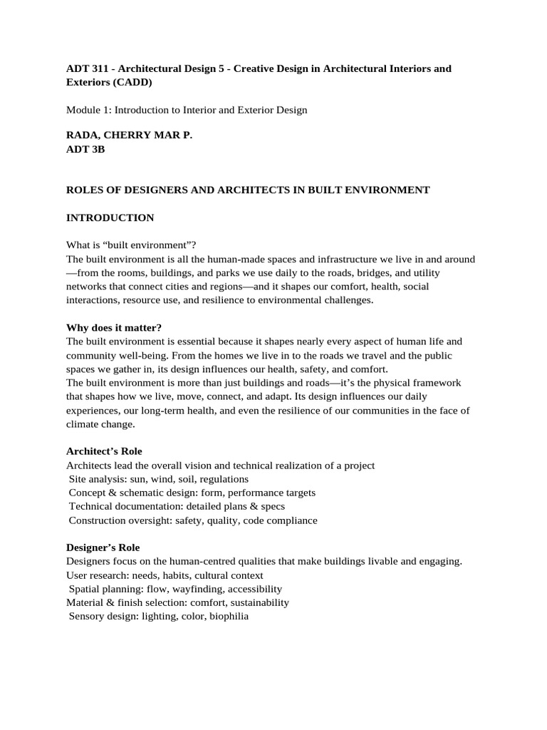 Roles of Designers and Architects in Built Environment | PDF ...