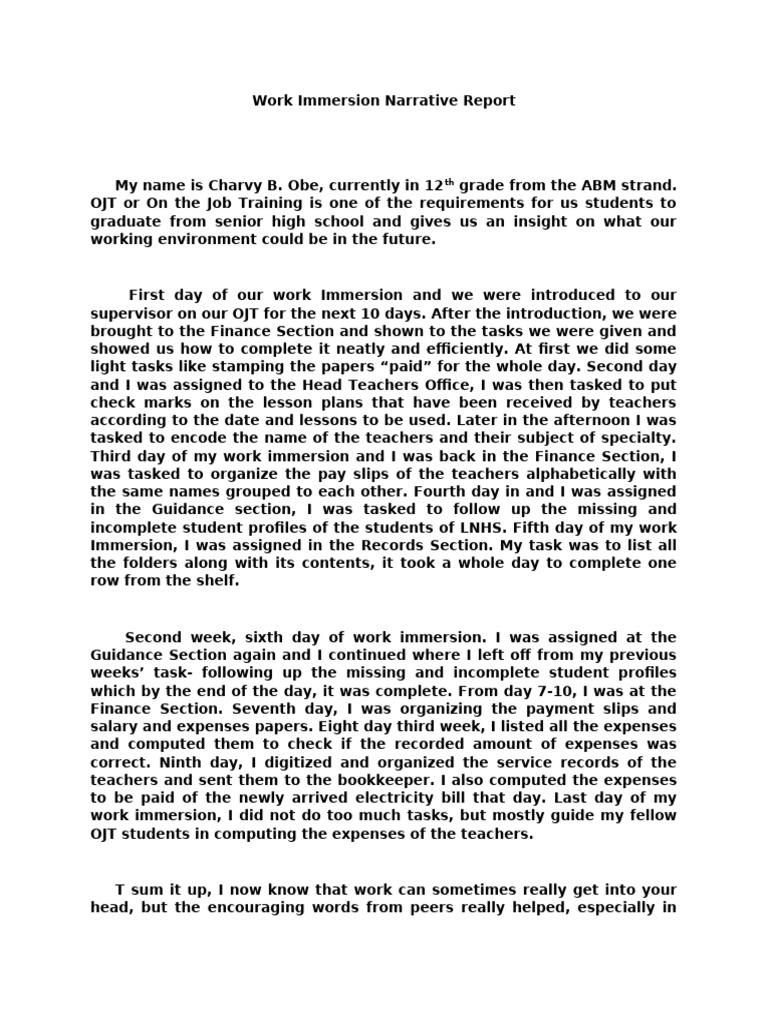 Work Immersion Narrative Report | PDF