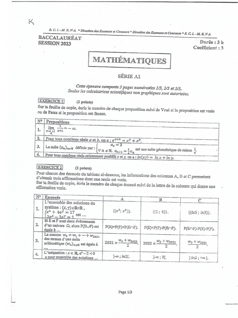 Civ Bac a1 Math 2023 | PDF