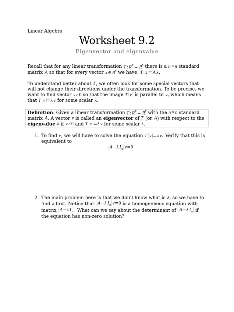 Worksheet 9.1 - Eigenvalue Eigenvector Diagonalization | PDF ...