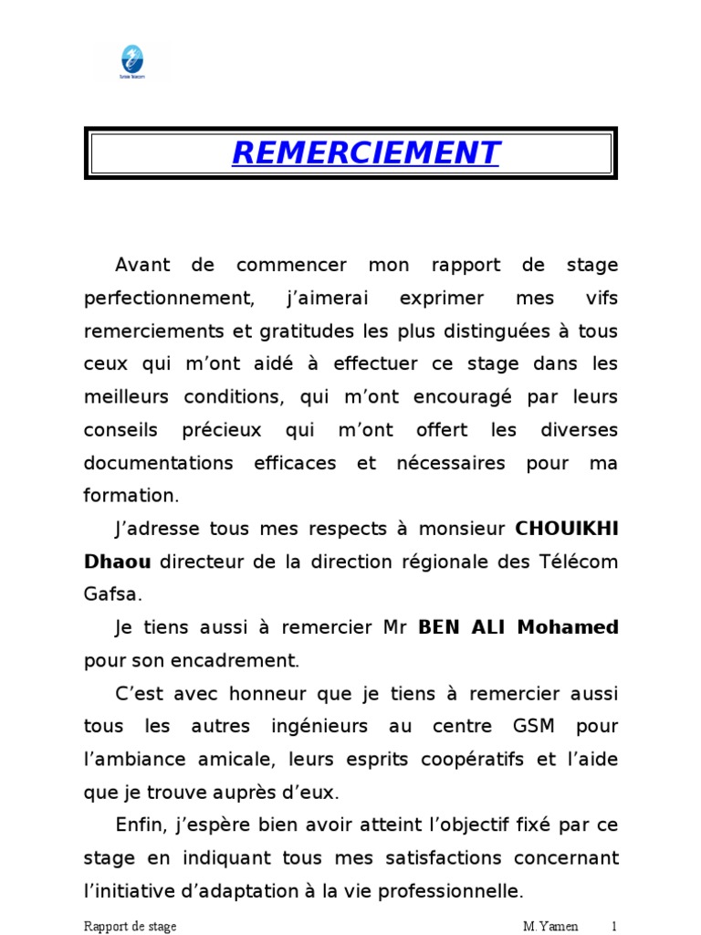 Remerciement D Un Rapport De Stage