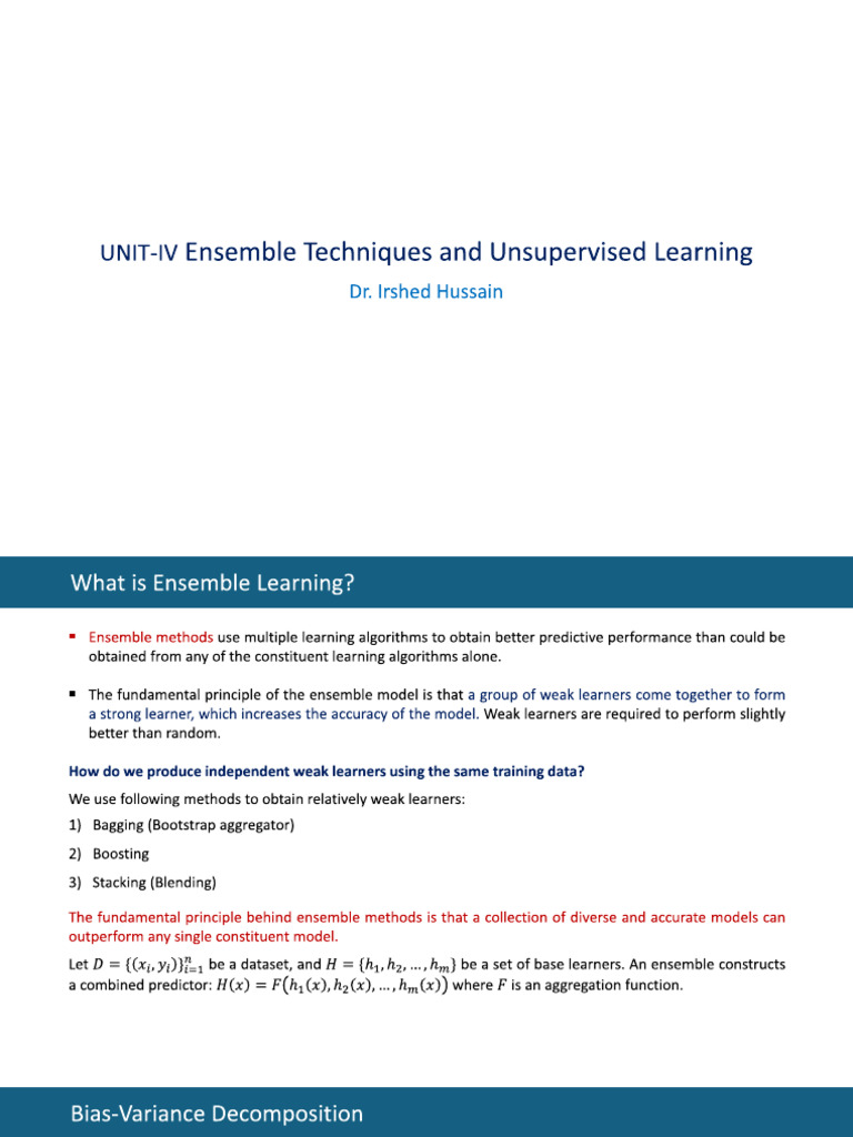 UNIT-IV_Ensemble Techniques and Unsupervised Learning | PDF