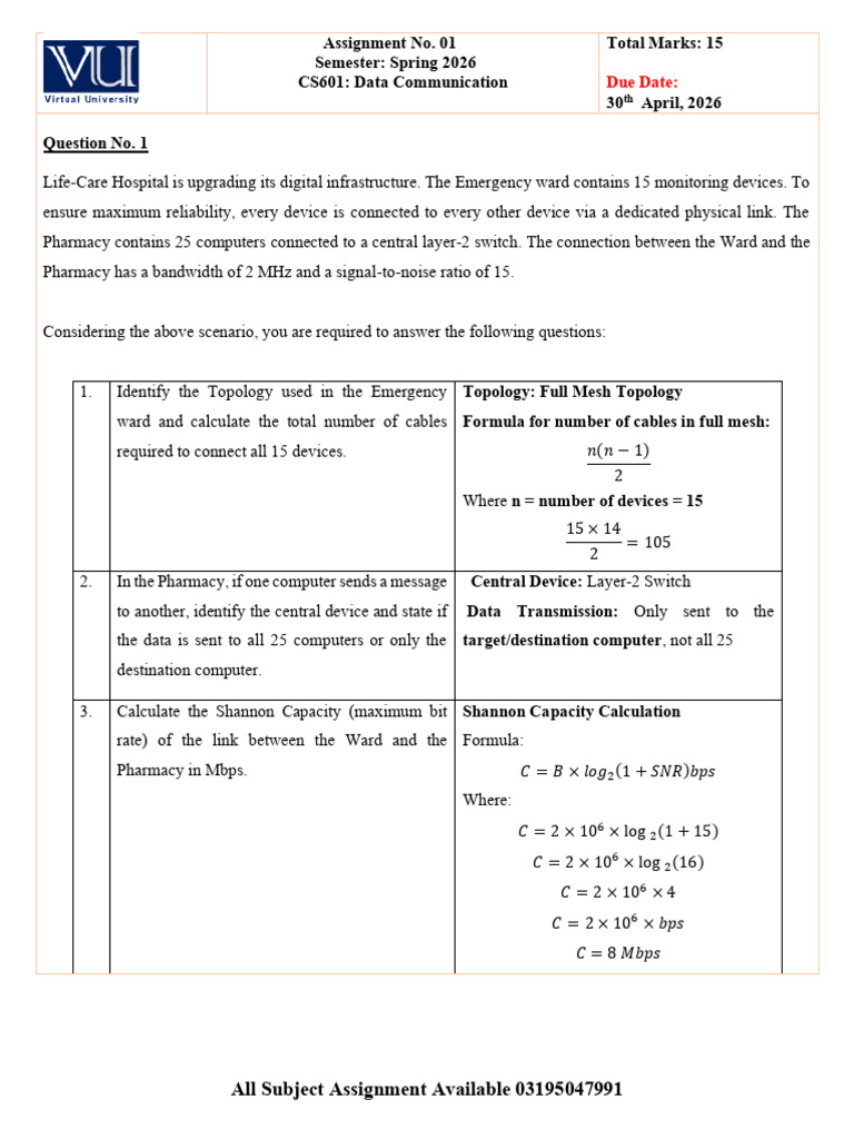 CS601 1 Spring 2026 100% Correct Solution | PDF | Network Topology ...