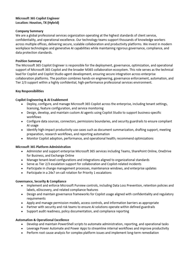 M365 Copilot Engineer - Houston_Hybrid | PDF | Share Point | Regulatory ...