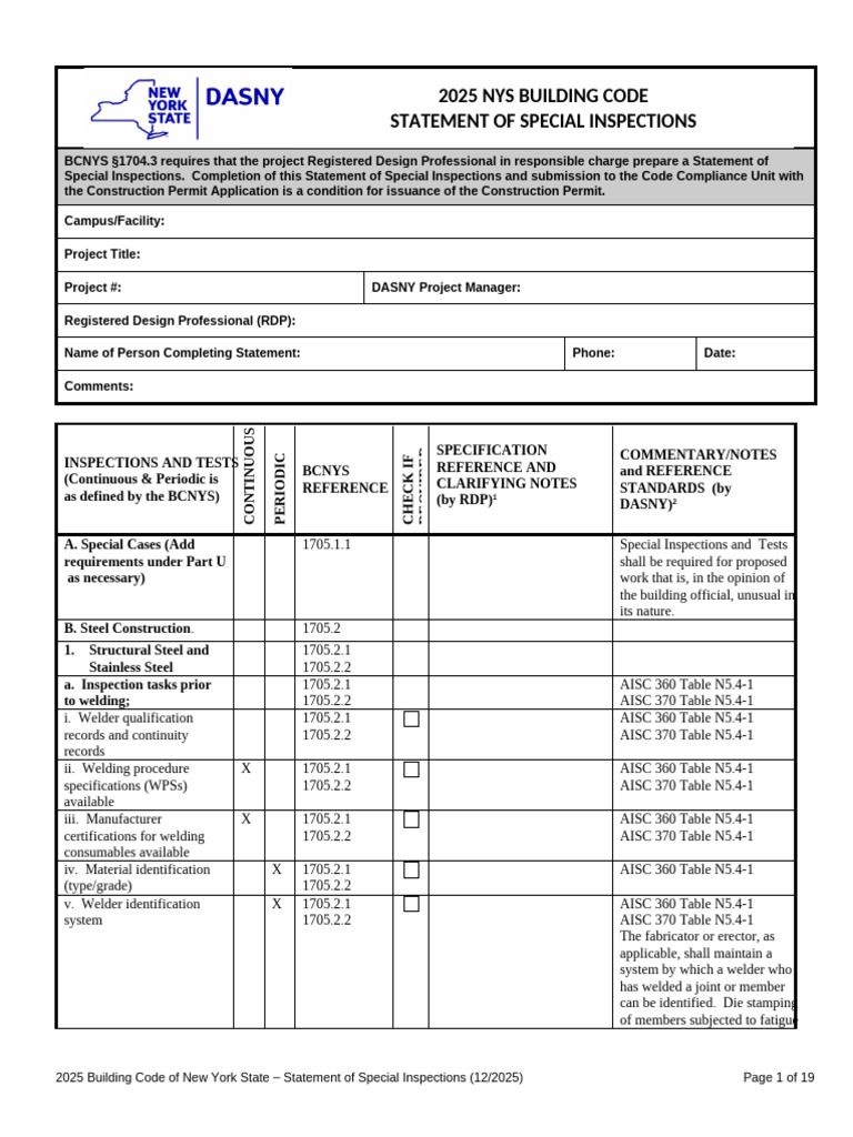 NYS 2025 Statement of Special Inspections - 0 | PDF | Concrete ...