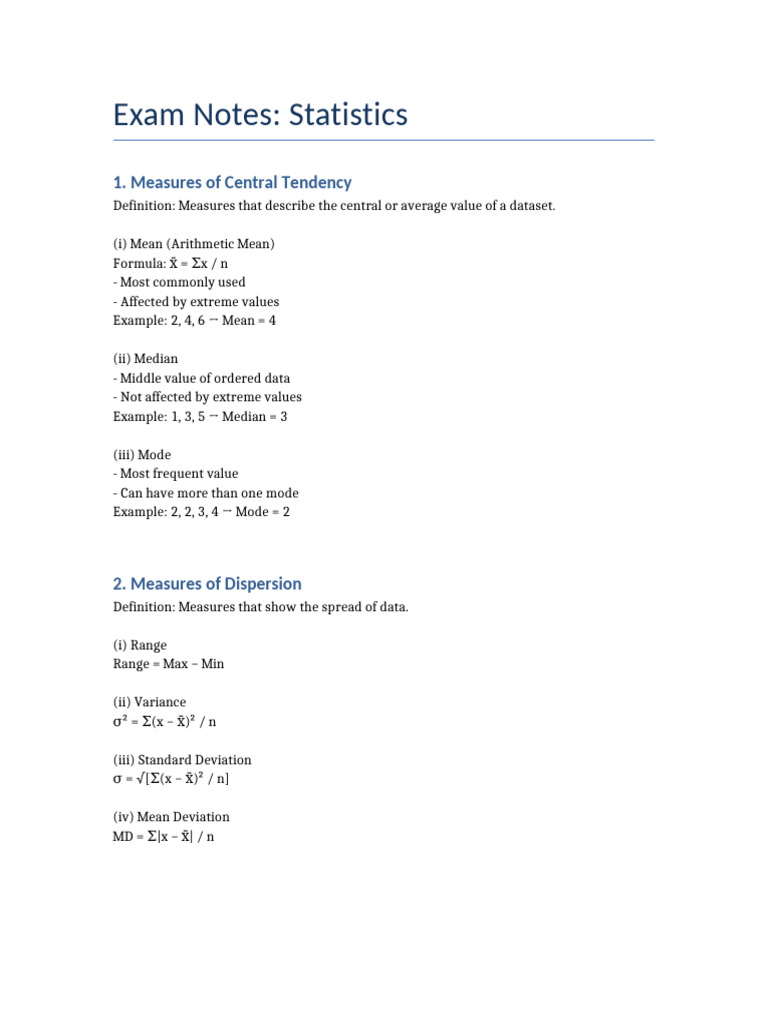 Exam Notes Statistics | PDF