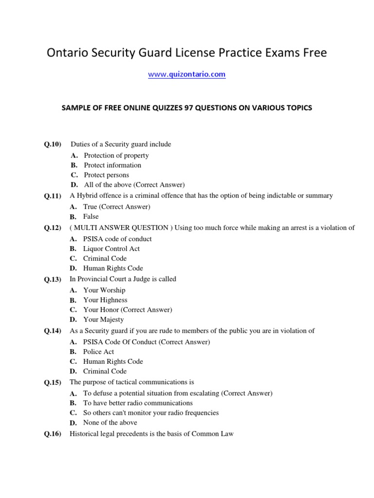 Ontario Security Guard License Practice Exams Free
