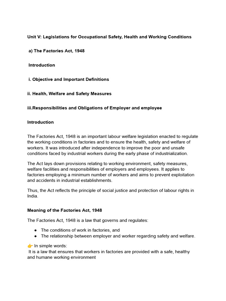 Unit V_ Legislations for Occupational Safety, Health and Working ...