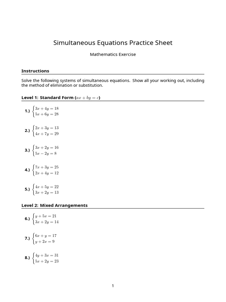 Simultaneous Equations Practice | PDF