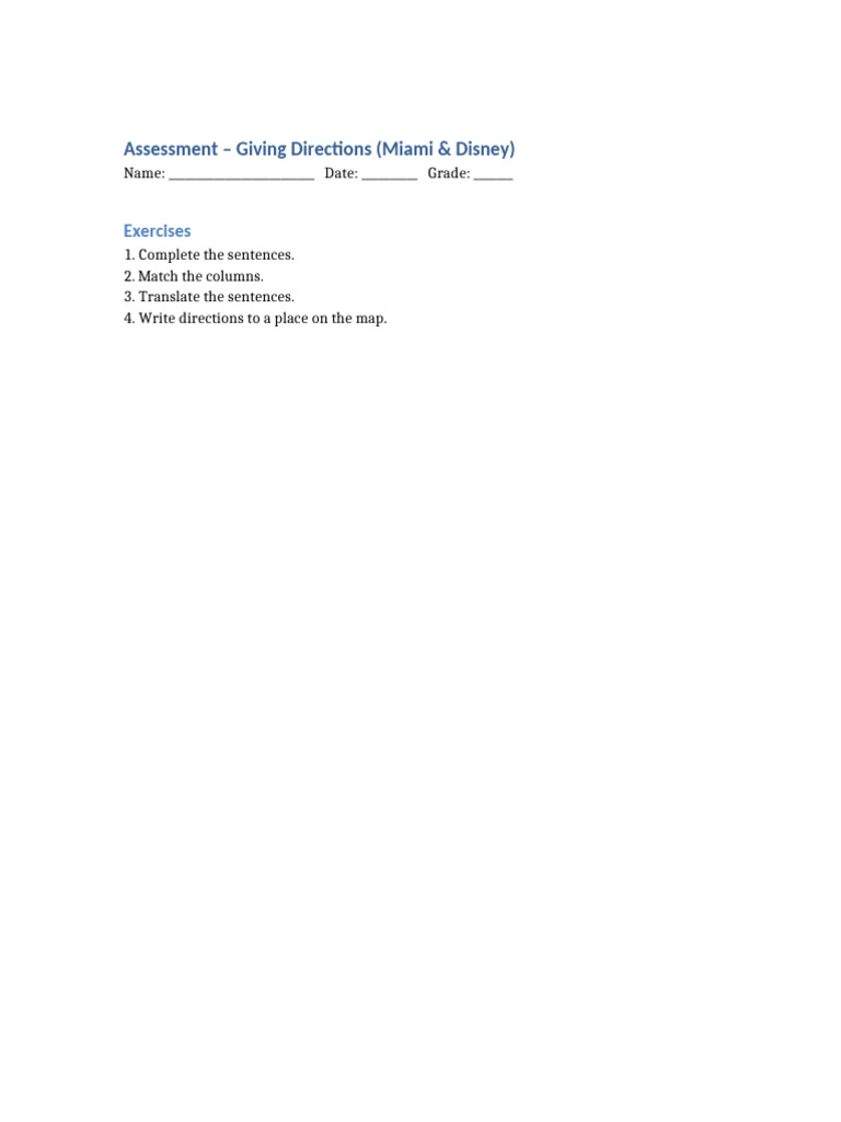Giving Directions Assessment | PDF