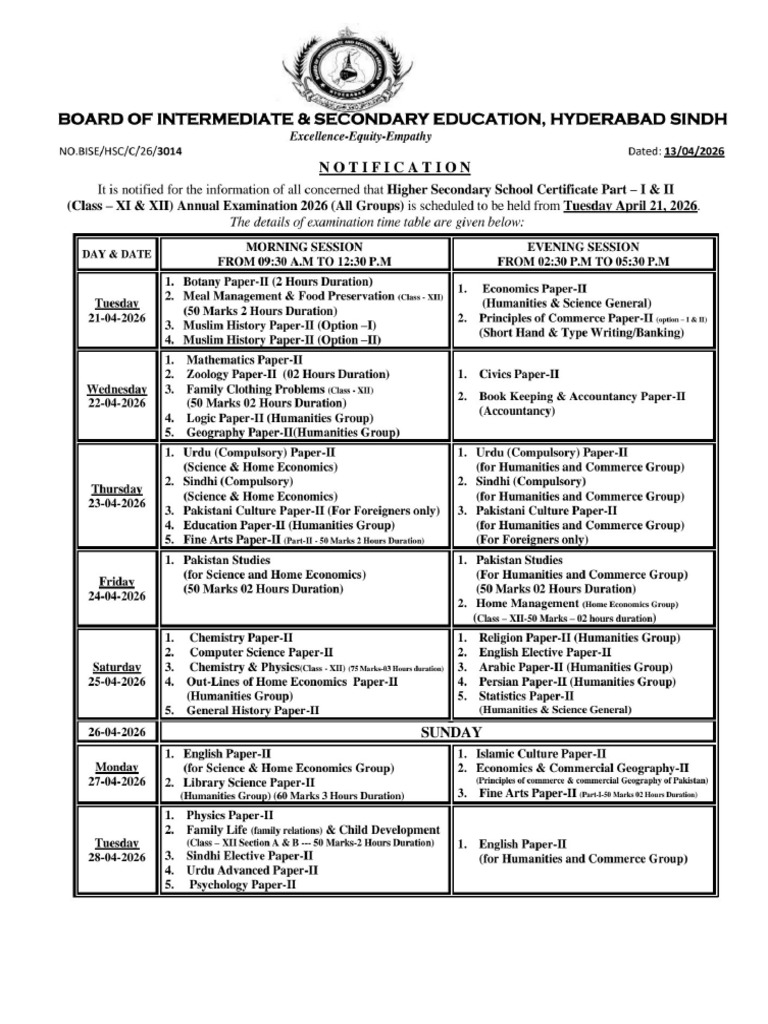 Hsc Time Table 2026-1 | PDF