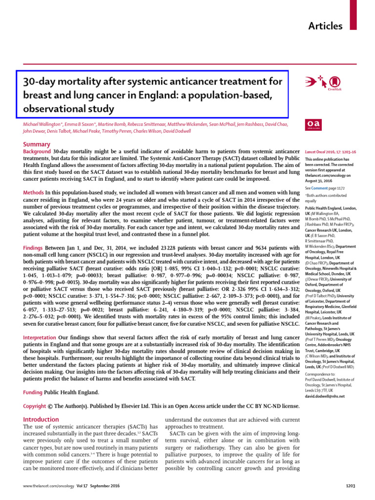 30 Day Mortality After Systemic Anticancer Treatment | PDF | Cancer ...