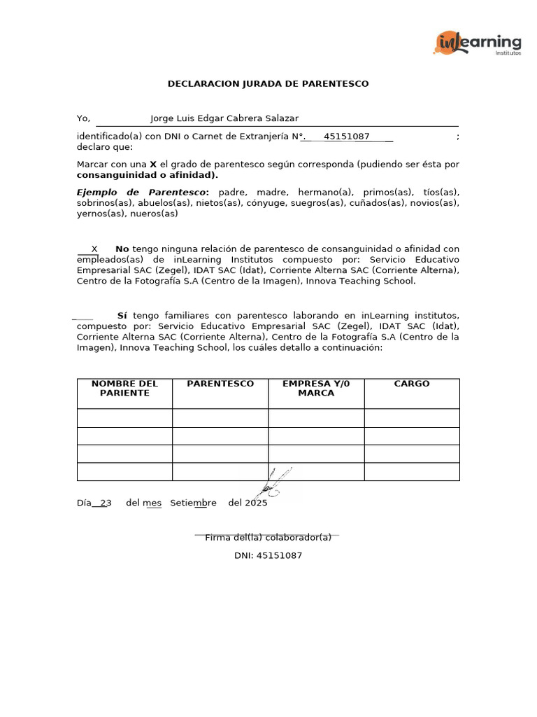 Declaracion Jurada de Parentesco - Inlearning Institutos | PDF