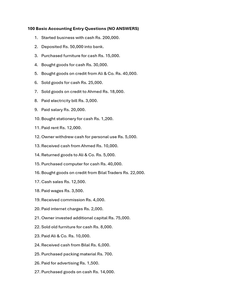 100 Basic Accounting Entry Questions | PDF | Credit | Finance & Money ...