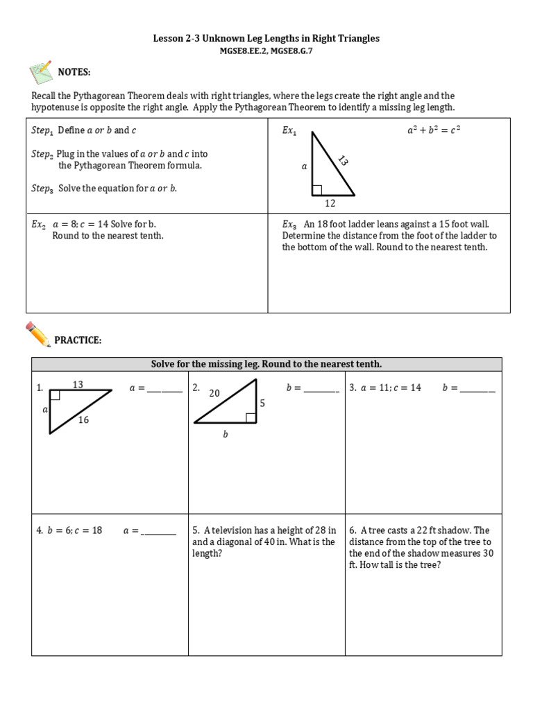 Lesson 2-3 Unknown Leg Lengths in Right Triangles | PDF