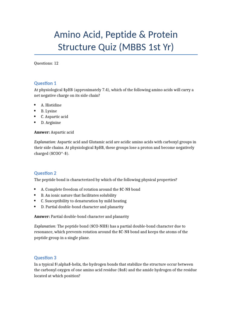 Amino Acid Peptide Protein Structure Quiz MBBS 1st Yr | PDF | Amino ...