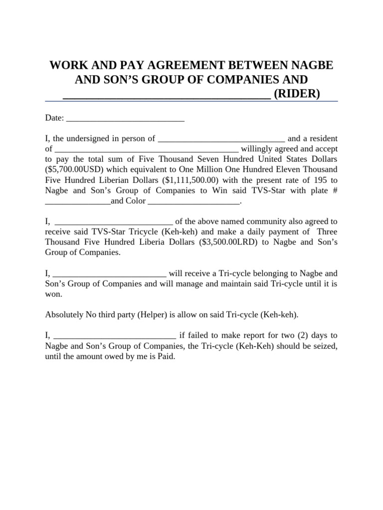 Work and Pay Agreement Between Nagbe and Son | PDF