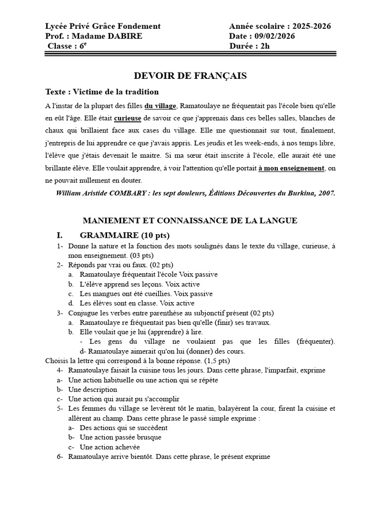 Devoir de Français 6e11 | PDF | Phrase | Linguistique