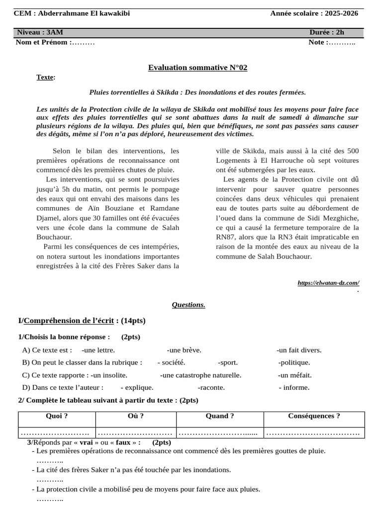 Evaluation Sommative n02, 3AM+Corrigé Type | PDF | Volcan | Phrase